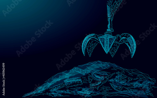 3d Waste crane arm claw. Low poly polygonal garbage landfill industrial eco banner. Planet global pollution grabber ecology vector illustration