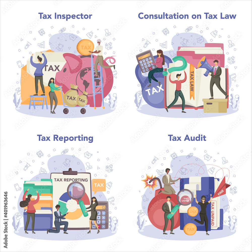 Tax inspector concept set. Idea of accounting and payment.