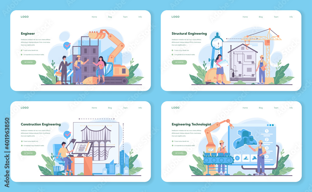Engineering web banner or landing page set. Technology and science. Engineering web banner or landing page set. Technology and science.