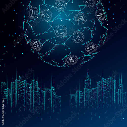 Internet of things low poly smart city 3D wire mesh. Intelligent building automation IOT concept. Modern wireless online control icon urban cityscape technology banner vector illustration