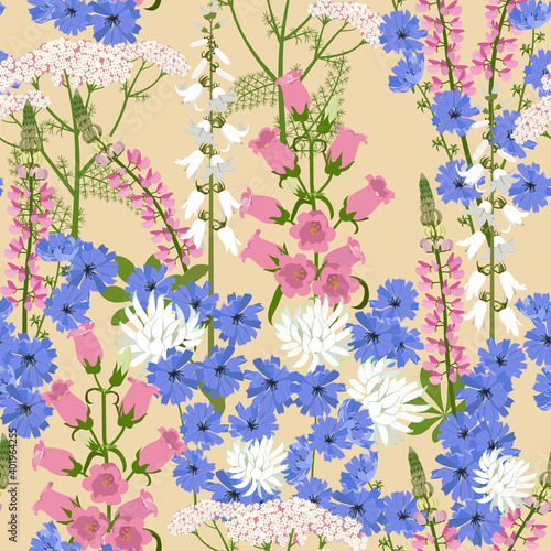 Seamless vector illustration with beautiful wildflowers on a beige background.