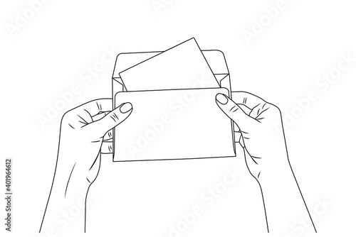 Female hands hold a postal envelope, letter. Vector stock illustration eps10.