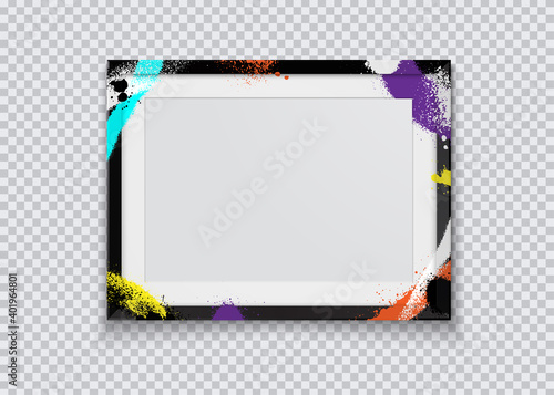 Realistic black photo frame painted with graffiti paint on a transparent background. Vector illustration.