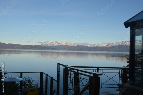 A scenic view of the lake in Los Glaciares in Argentina on clear sky backgr photo