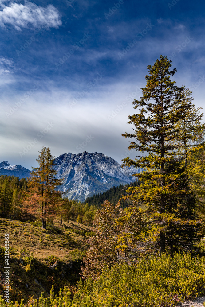 View from the Hagen mountains towards Watzmann in Berchtesgadener Land, Bavaria, Germany, in autumn.