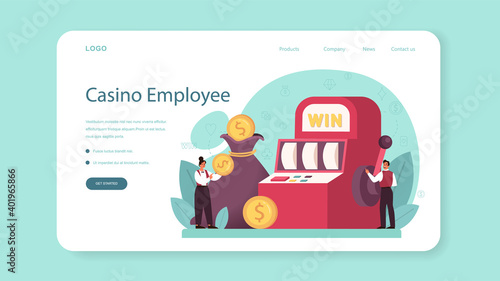 Croupier web banner or landing page. Dealer in casino near