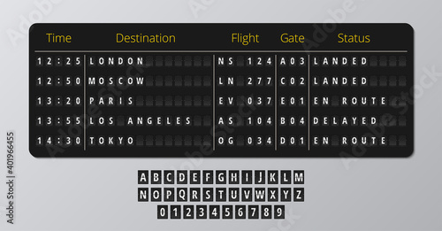 Airport sign message letter board, departure and arrival information