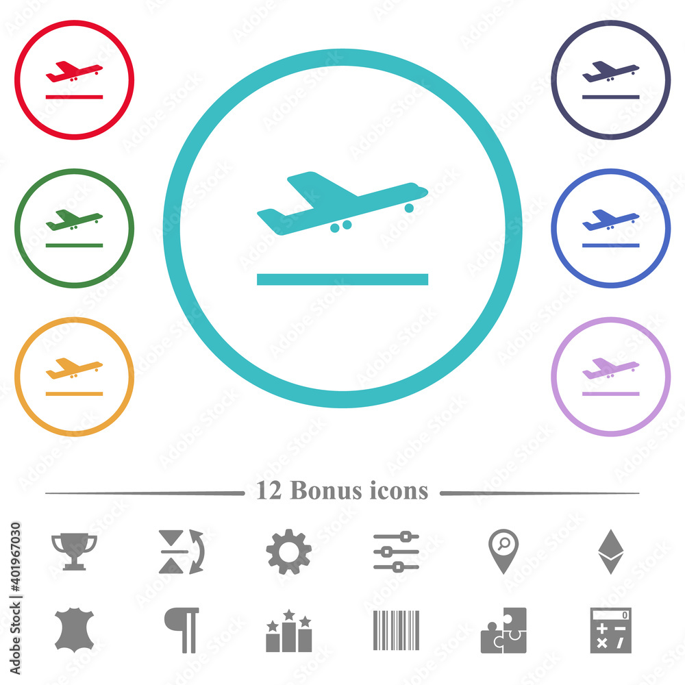Airplane take off flat color icons in circle shape outlines Airplane take off flat color icons in circle shape outlines