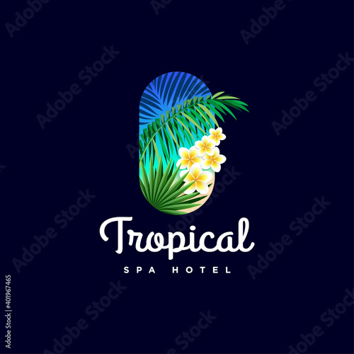 Tropical logo. Spa hotel emblem. Palm leaves and tropical flowers into rounded frame.