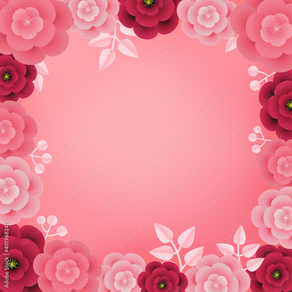 Valentine's day pink floral frame card. Realistic paper style flower and leaf vector. Romantic frame.