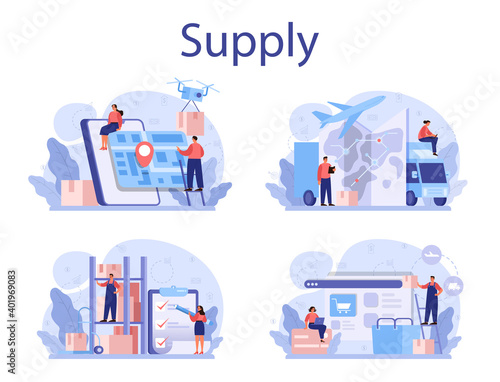 Supply concept set. B2B idea, global logistic and transportation service.