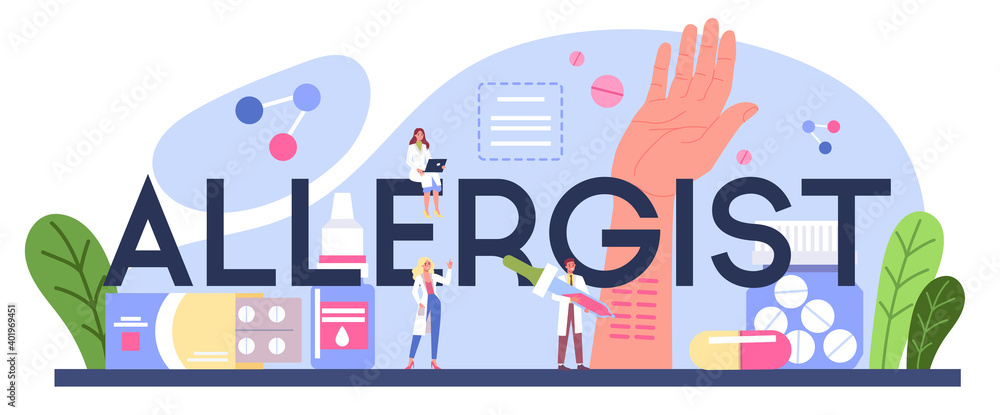 Allergist typographic header. Disease with allergy symptom,