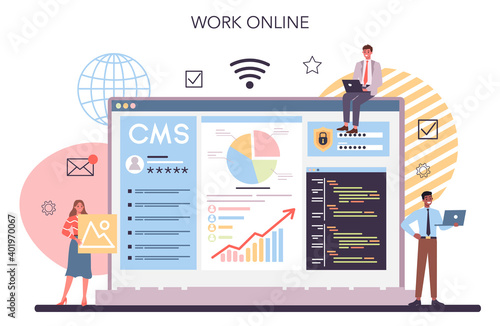 CMS online service or platform. Content management system.