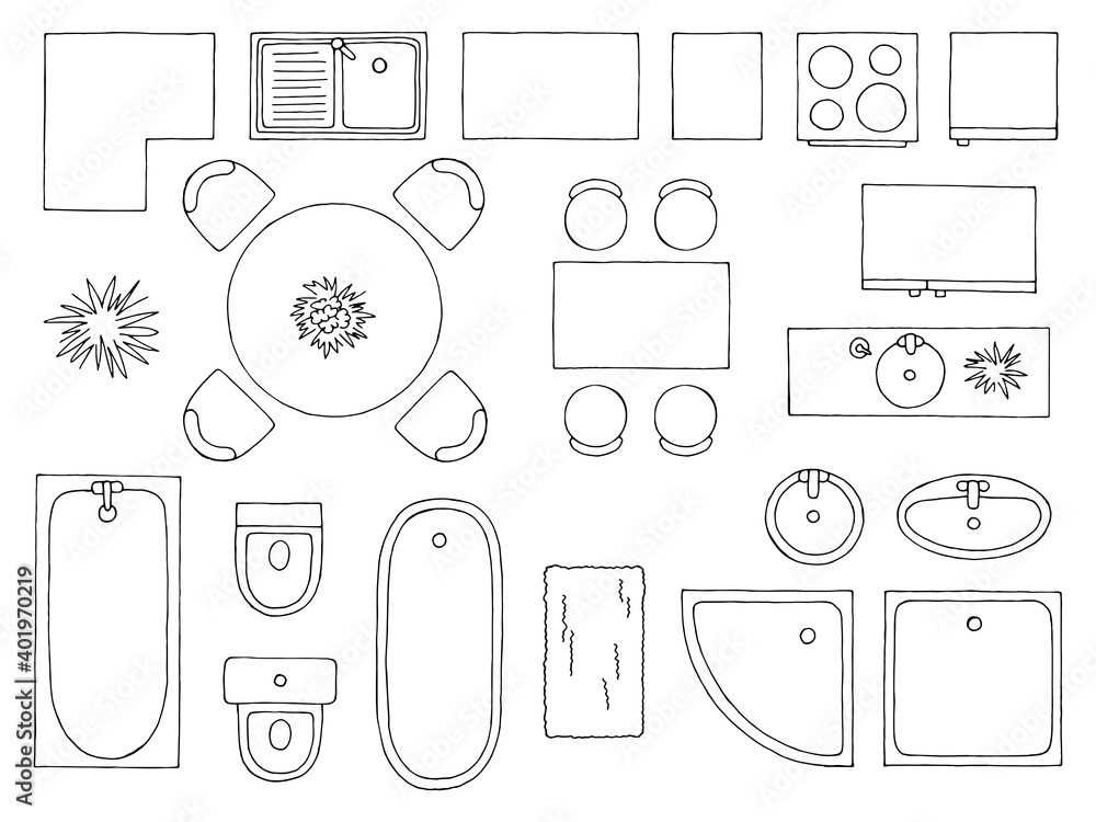 Furniture set floor plan architect design element graphic black white ...