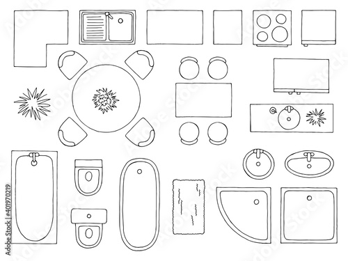 Furniture set floor plan architect design element graphic black white top sketch aerial view isolated illustration vector