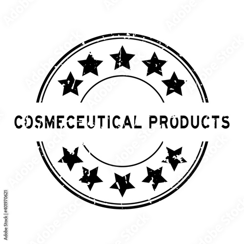 Grunge black cosmeceutical products word with star icon round rubber seal stamp on white background