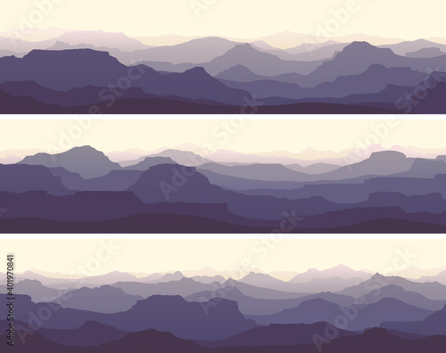 Set of horizontal banners of vector illustration morning misty rocky low mountains in violet tone.