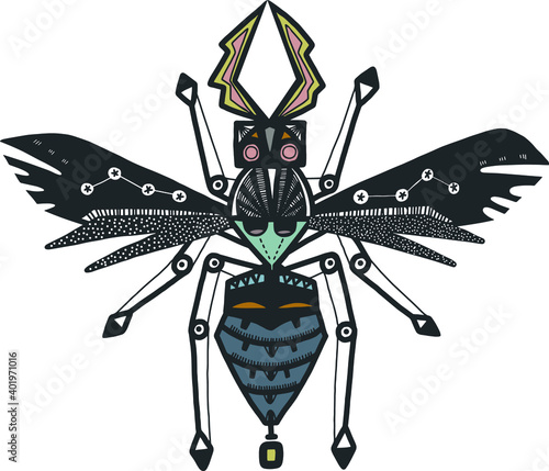 Unstrictly symmetric honeybee vector illustration. Hand drawn sketch style. 