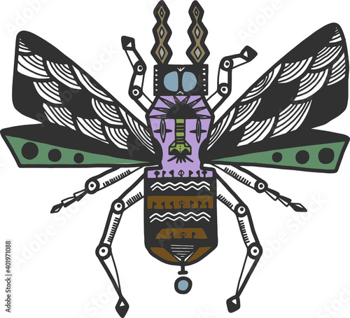 Unstrictly symmetric honeybee vector illustration. Hand drawn sketch style. 