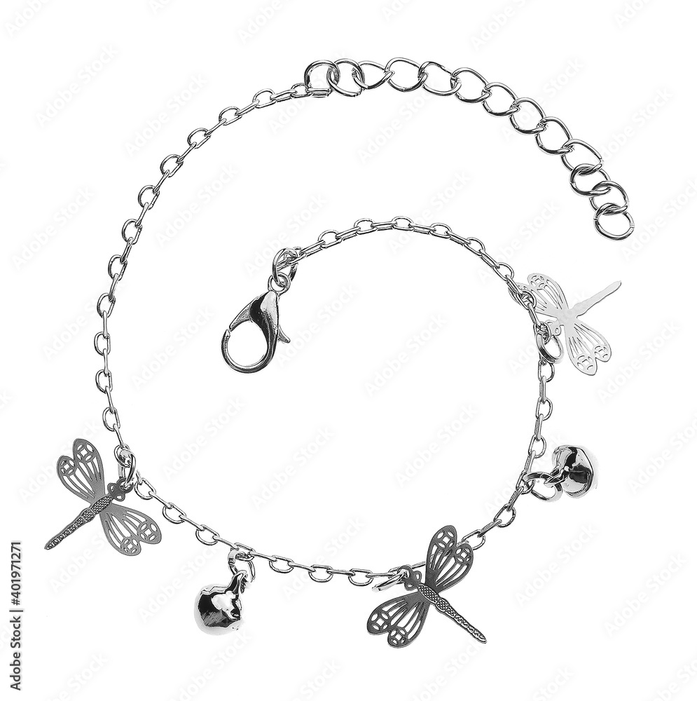 Silver bracelet with dragonflies ornaments, isolated on white background Silver bracelet with dragonflies ornaments, isolated on white background