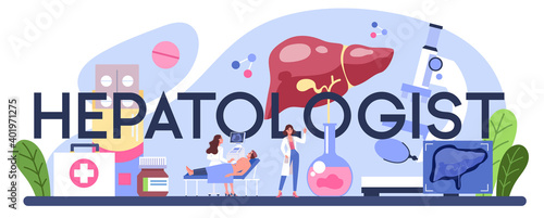 Hepatologist typographic header. Doctor make ultrasound liver examination.