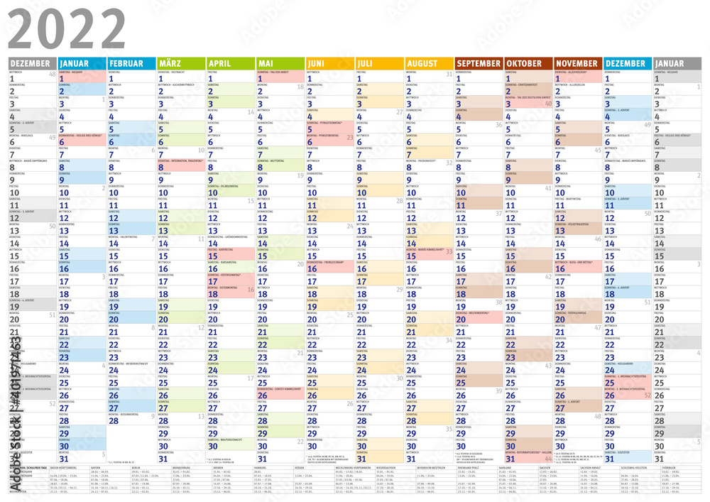 Vecteur Stock Kalender 2022 (Dezember 20201 bis Januar 2023) mit Ferien |  Adobe Stock