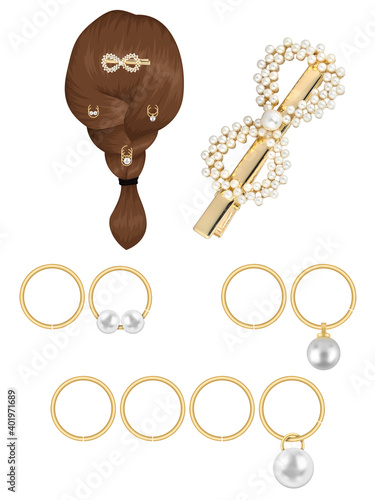 Woman golden hair rings and pins with pearls, isolated on white background, clipping paths included