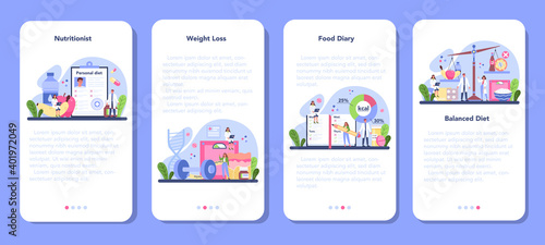 Nutritionist mobile application banner set. Nutrition therapy with healthy food