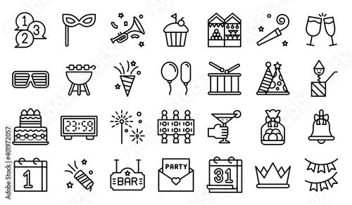 New year party elements line icon set 2