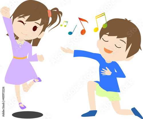 楽しそうに歌う男の子と踊る女の子のイラスト