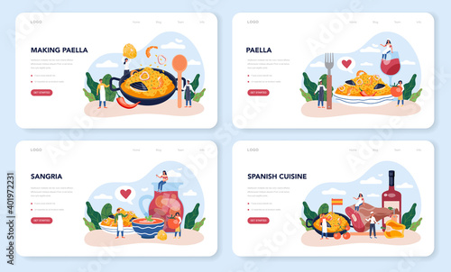 Paella web banner or landing page set. Spanish traditional dish with seafood