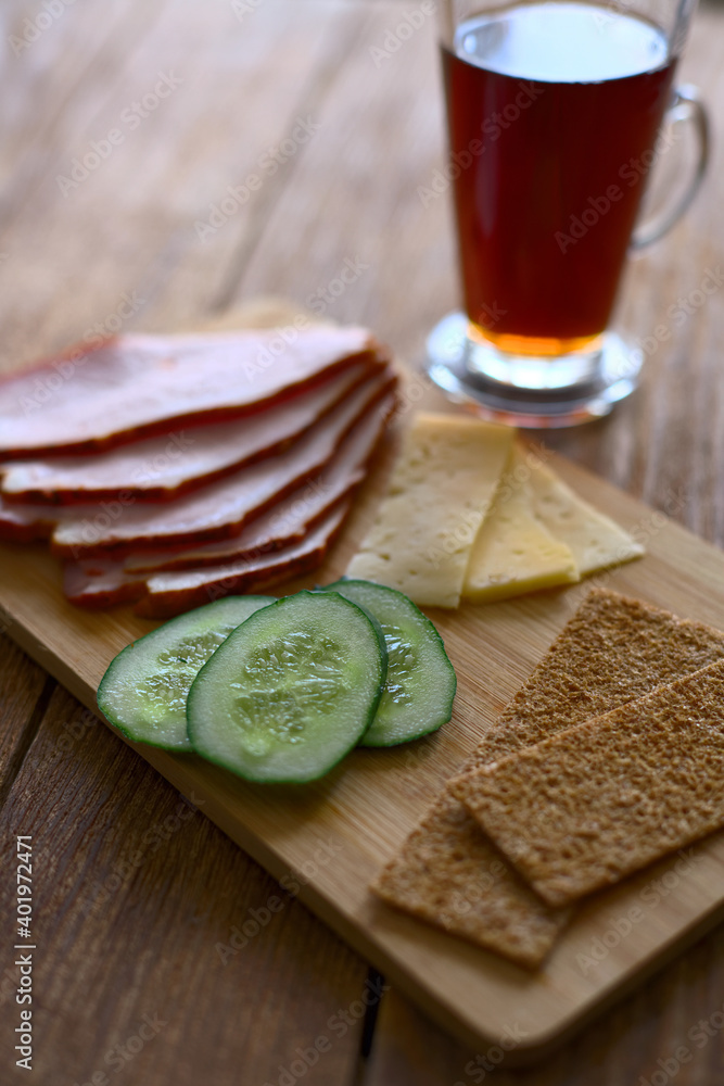 Light and healthy Breakfast: coffee with sliced ham and cheese. Lifestyle photos. Light and healthy Breakfast: coffee with sliced ham and cheese. Lifestyle photos.