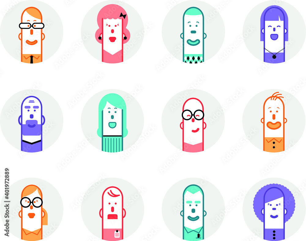 A large set of colorful avatars in flat simple style, different icons of human faces to illustrate a person in a forum or an account. A large set of colorful avatars in flat simple style, different icons of human faces to illustrate a person in a forum or an account.