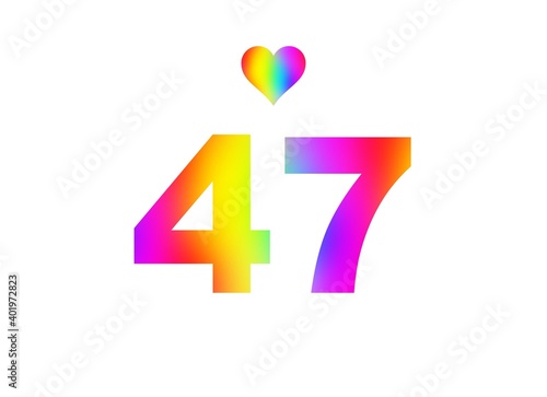 47th birthday card illustration with multicolored numbers isolated in white background.