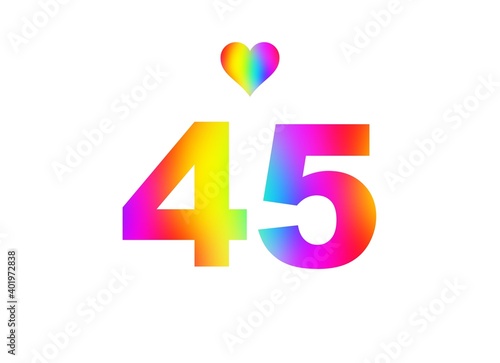 45th birthday card illustration with multicolored numbers isolated in white background.
