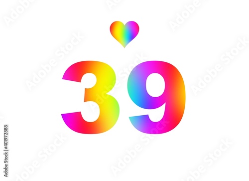 39th birthday card illustration with multicolored numbers isolated in white background.