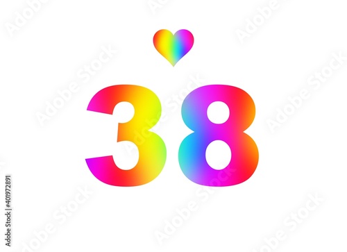 38th birthday card illustration with multicolored numbers isolated in white background.