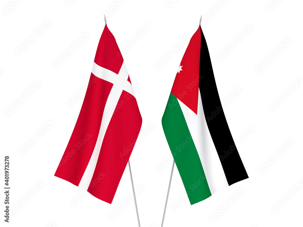 National fabric flags of Hashemite Kingdom of Jordan and Denmark isolated on white background. 3d rendering illustration.