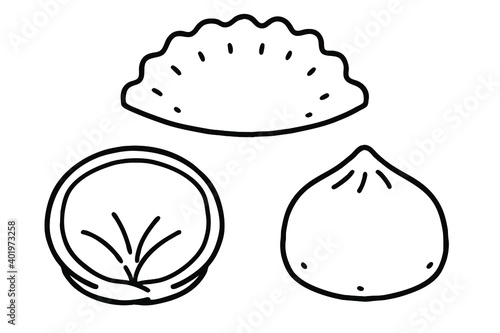 Mandu(Korean dumpling). Vector line art illustrations set.