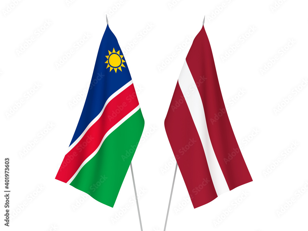 National fabric flags of Latvia and Republic of Namibia isolated on white background. 3d rendering illustration.