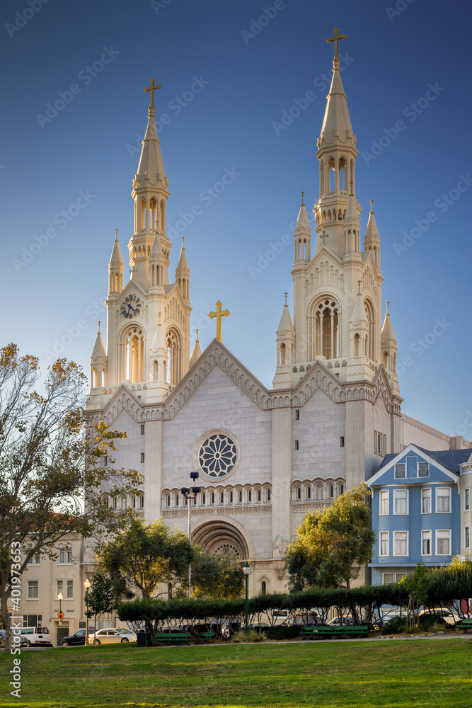 Saints Peter and Paul Church in San Francisco, California, USA during sunny day with blue sky