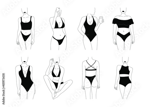 Abstract fashion female characters. Set of minimalist line women bodies, trendy hand drawn tattoo art of model girls. Vector illustration