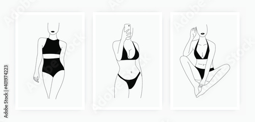 Abstract female figure posters. Fashion set of women bodies in lingerie,  minimal model line shapes. Boho art, vector illustration