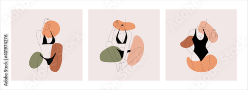 Abstract minimalist women bodies. Fashion illustrations of female figure in lingerie,  minimal line model characters. Vector art set