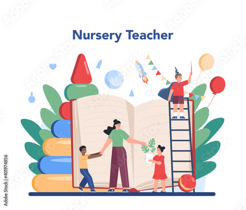 Kindergartener. Professional nany and children doing different