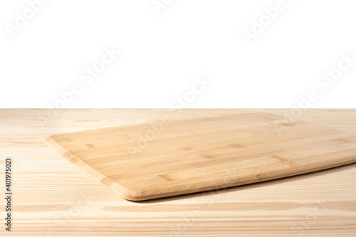empty cutting Board on wooden table with white background. space of wooden top. Empty bamboo cutting board