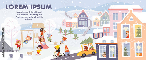 Little cozy town, panoramic. Winter season, snowfall, cold outside. Town windows on Christmas. Children look out the window and play outdoors. Christmas vector illustration of a winter landscape.