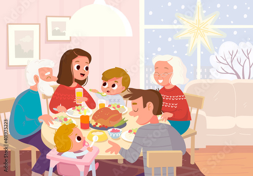 Vector. Portrait of family having Christmas dinner sitting around the table. All members of full big young whole family together at home in living room with Christmas decoration at week end