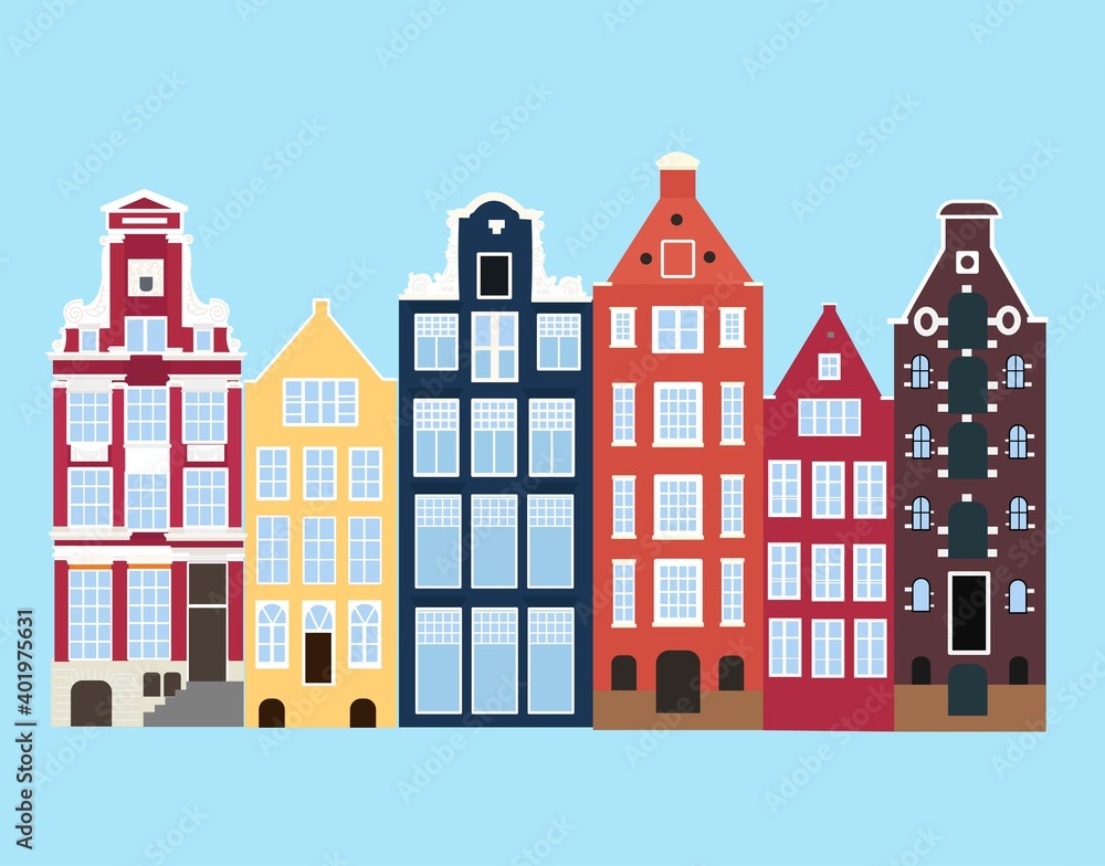 Set of Amsterdam old houses in the Dutch style. Colorful historic facade. Traditional architecture of Netherlands. Vector illustration flat cartoon style on blue background.