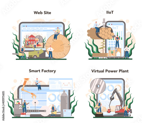 Wood industry and paper production online service or platform set